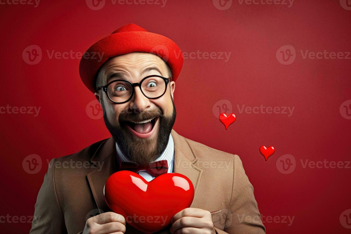 ai gegenereerd portret van een gelukkig Mens met een rood hart Aan Valentijnsdag dag concept. foto