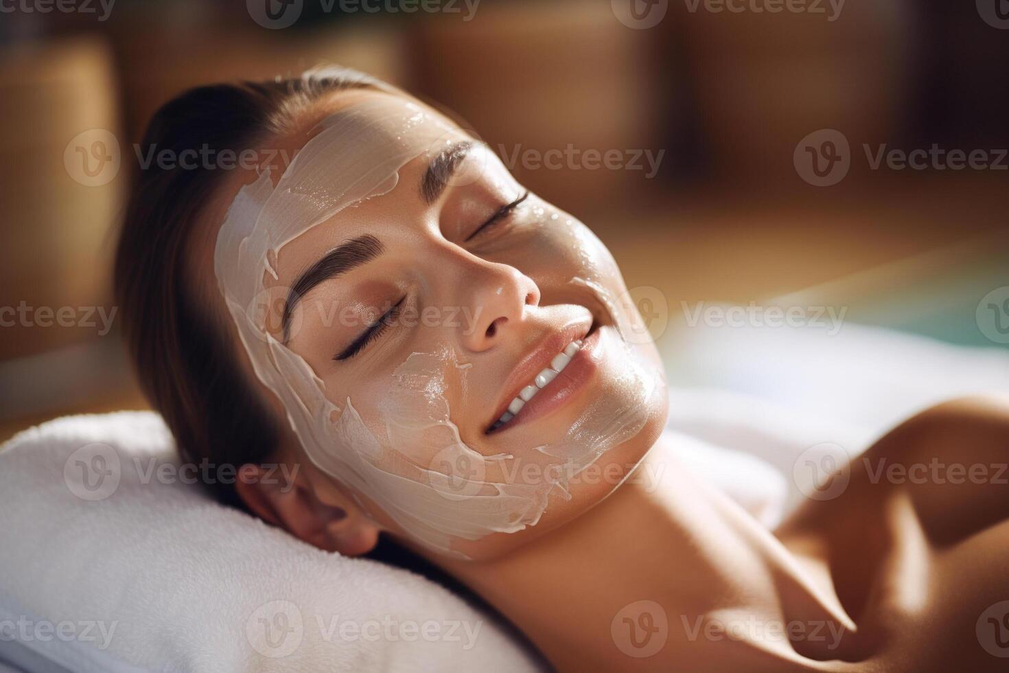 ai gegenereerd sereen vrouw genieten van een ontspannende gelaats behandeling Bij een spa foto