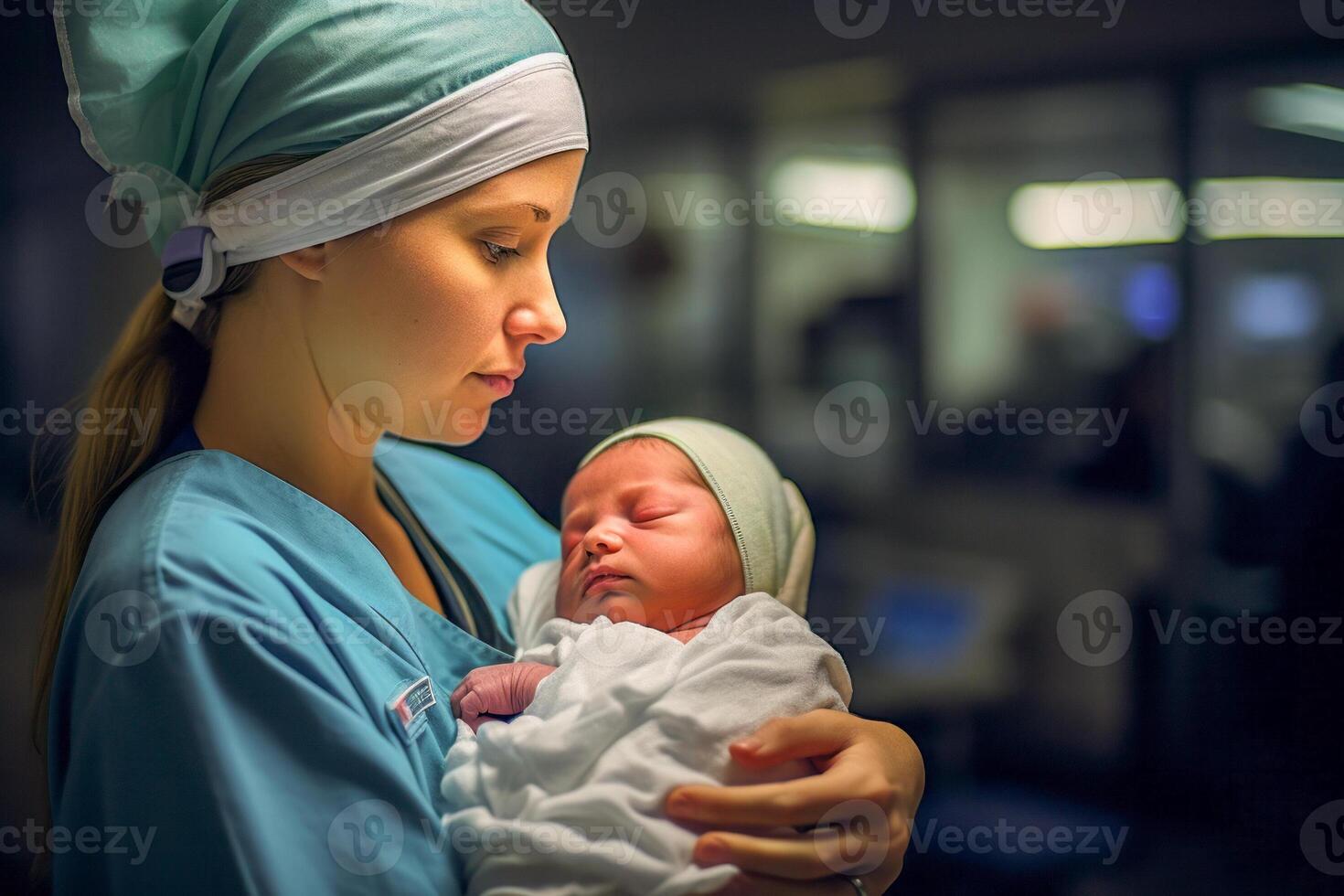 ai gegenereerd zorgzaam verpleegster in scrubs Holding een pasgeboren baby in ziekenhuis foto