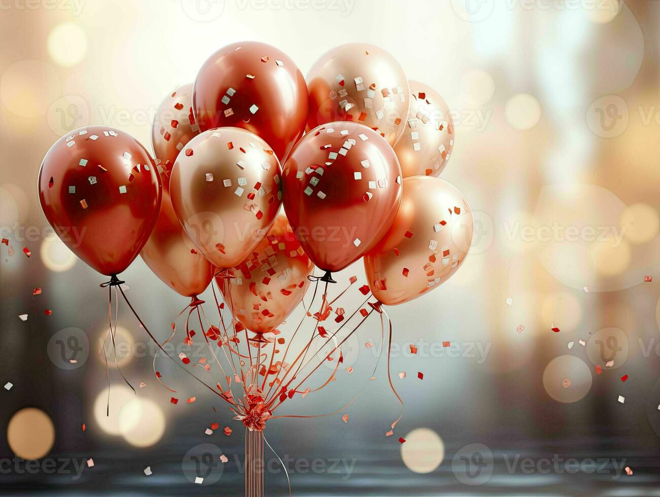 ai gegenereerd elegant rood en goud metalen rood en goud ballonnen met confetti. Valentijnsdag dag, Internationale vrouwen dag, romantisch achtergrond foto