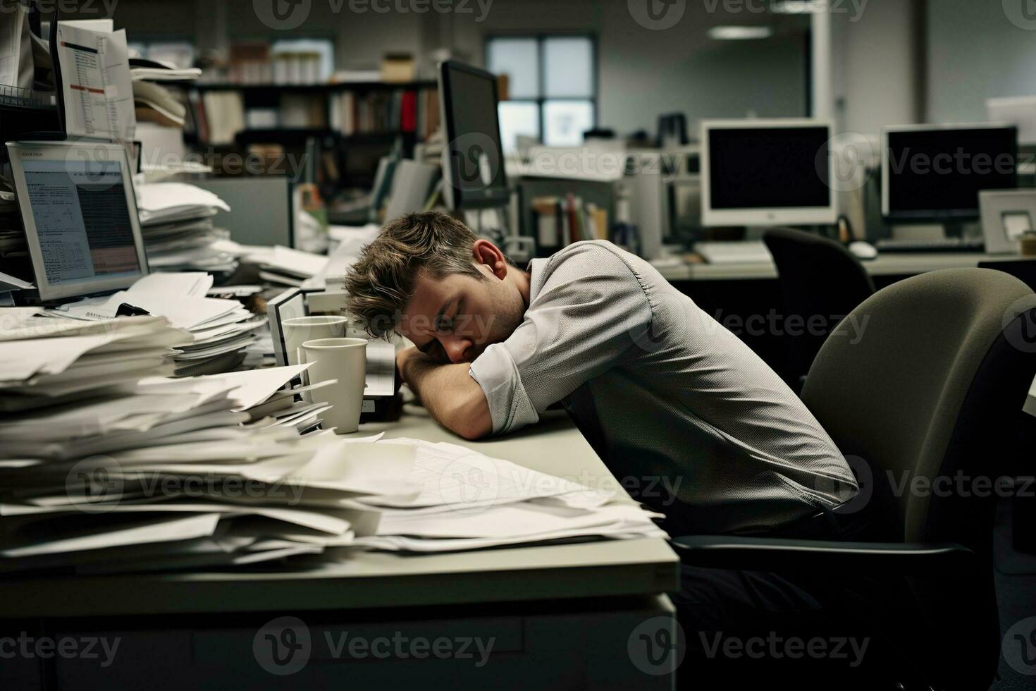 ai gegenereerd zakenman leunend in zijn werk stoel hij keek verveeld Aan werk bureau documenten foto