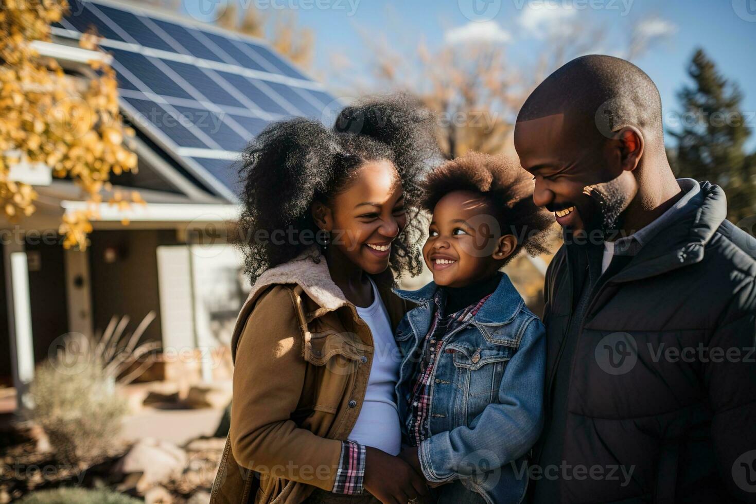 ai gegenereerd een gelukkig paar en een groot huis met zonne- panelen geïnstalleerd. foto