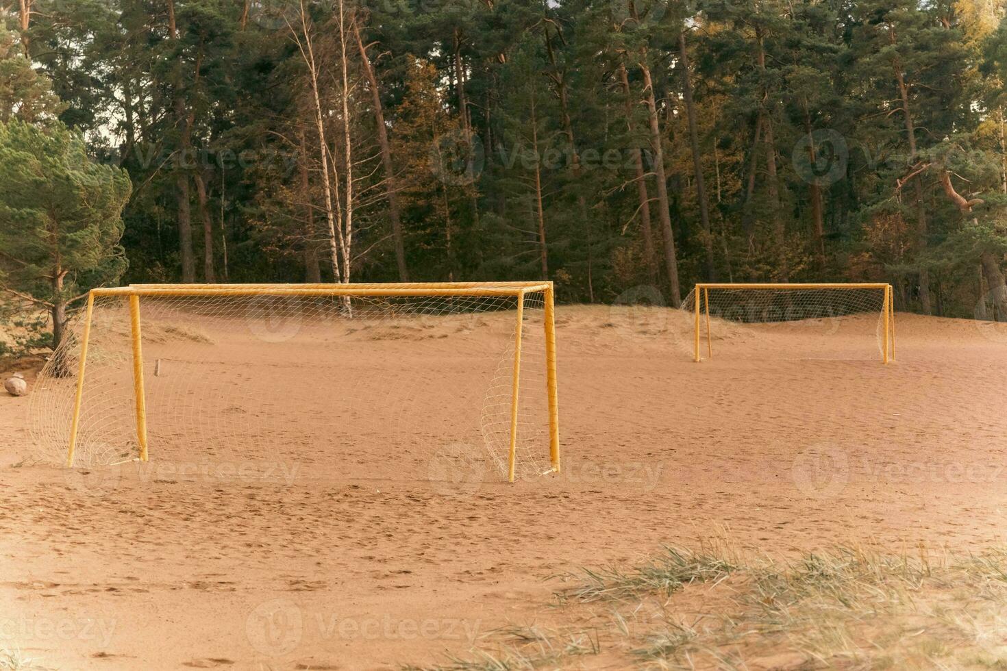 toneel- visie van leeg oud Amerikaans voetbal doel met netto Aan herfst zanderig strand foto