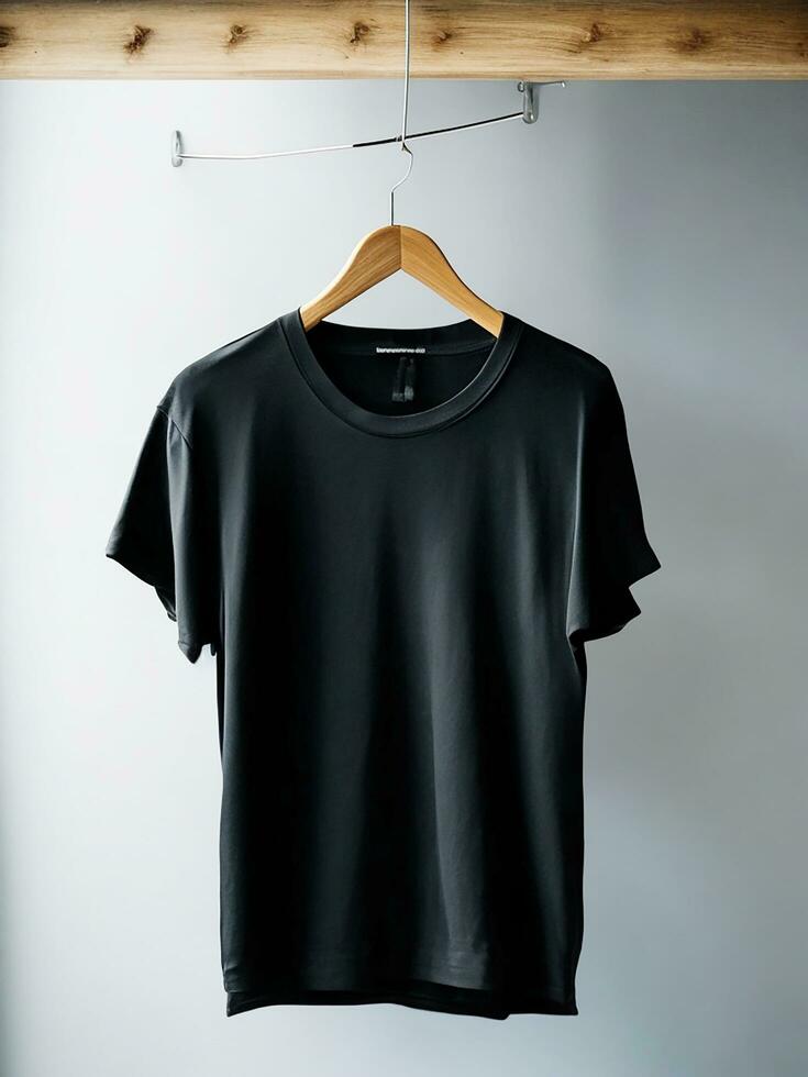 ai gegenereerd een zwart t overhemd is hangende Aan een hanger met de woord Aan het ai gegenereerd foto