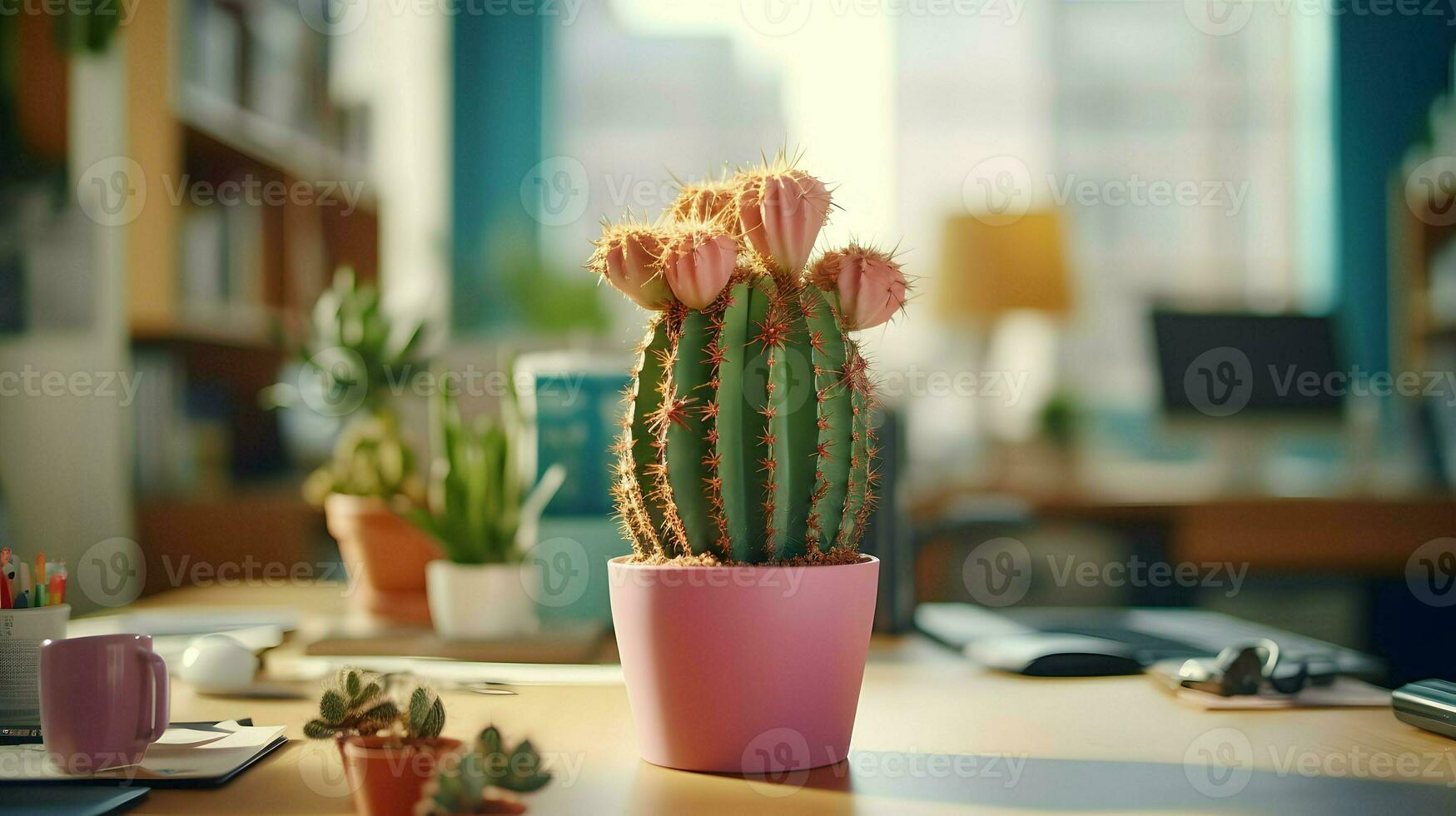 ai gegenereerd bloem pot Aan een kantoor bureau, sappig cactus vaas, generatief ai foto