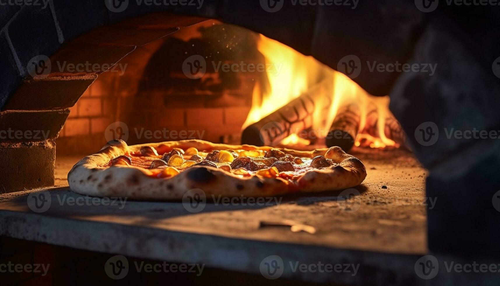 ai gegenereerd vers gebakken pizza in een rustiek steen oven, smelten Mozzarella kaas gegenereerd door ai foto