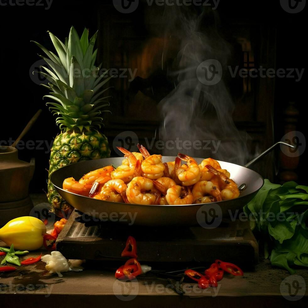 ai gegenereerd een ananas De volgende naar een wok gevulde met gebakken garnaal Aan de frituren pan. hoog kwaliteit. ai generatief foto