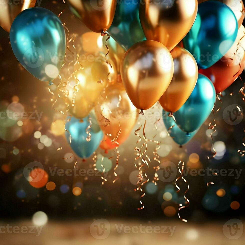 ai gegenereerd nieuw jaar ballonnen en glimmend confetti vallend omlaag. hoge resolutie. ai generatief foto
