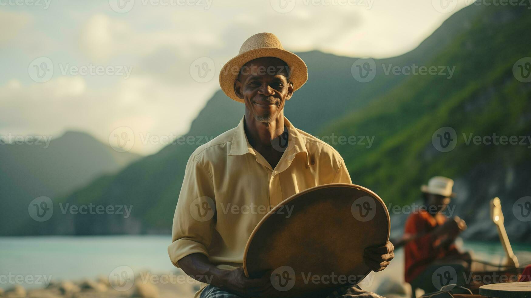 ai gegenereerd trommelaar genieten van kust jam sessie ai gegenereerd foto