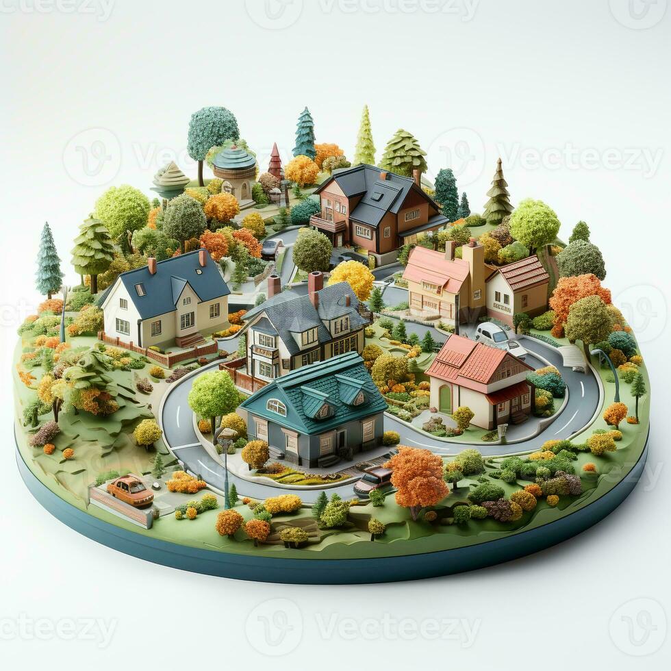ai gegenereerd 3d miniatuur dorp model- Aan een wit achtergrond foto