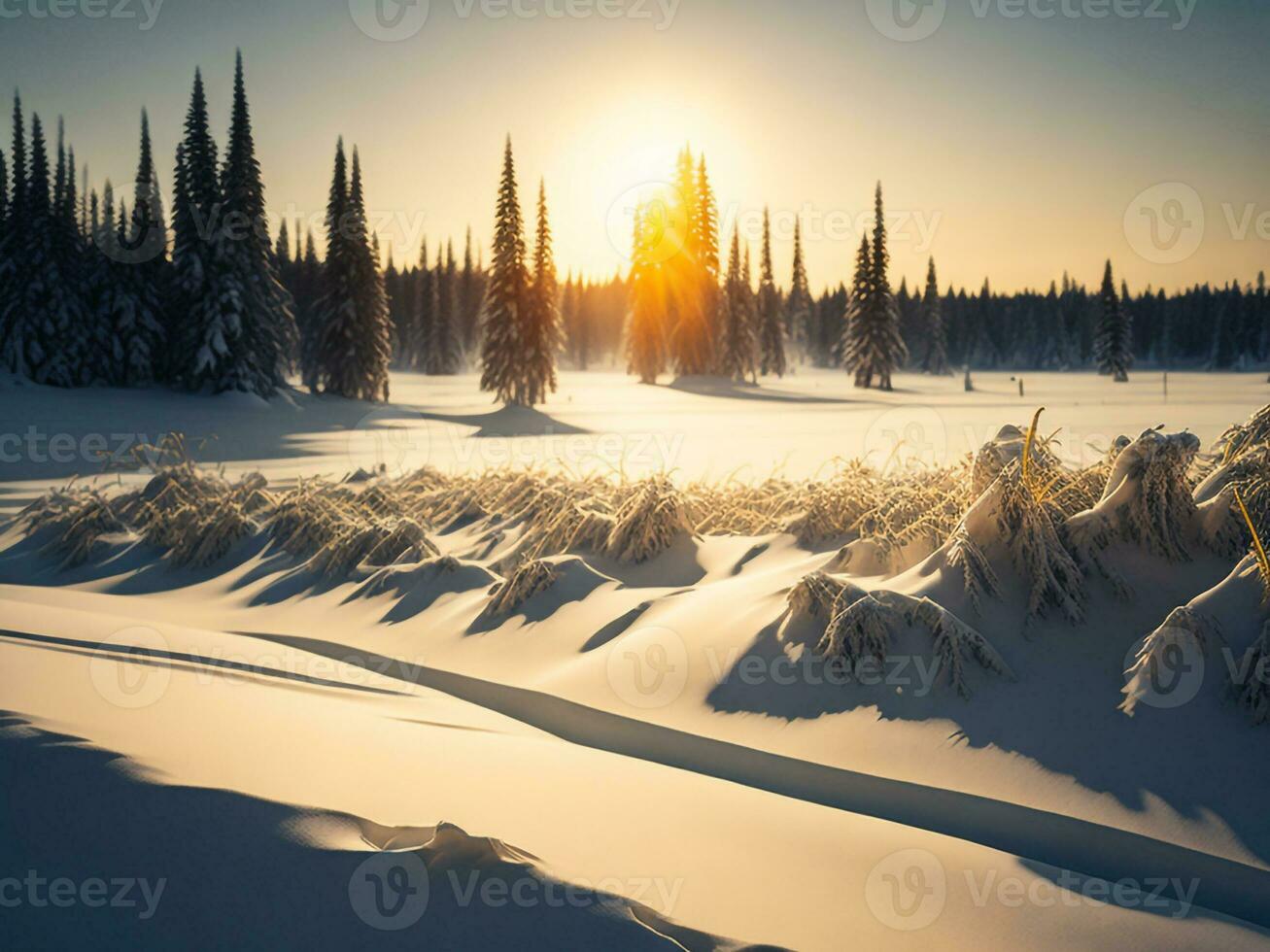 ai gegenereerd mooi winter landschap met zonsondergang in de besneeuwd bergen, bomen gedekt met sneeuw foto