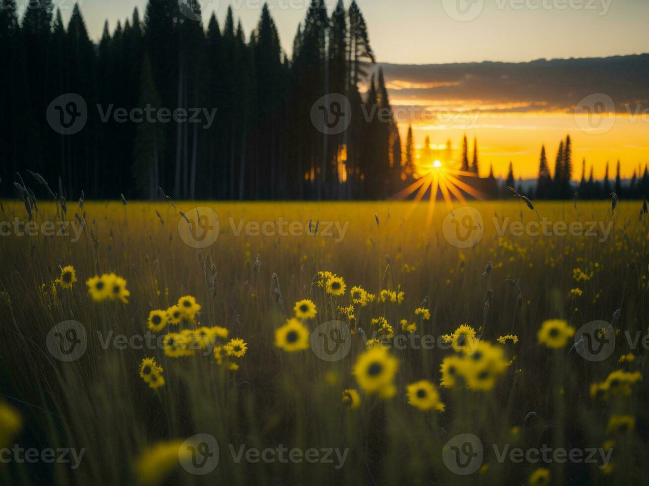 ai gegenereerd gloeiend velden van winter zacht focus zonsondergang weide met geel bloemen van de natuur omarmen. een symfonie van kleuren warm winter zonsondergang weide met abstract zacht focus natuur harmonie. foto