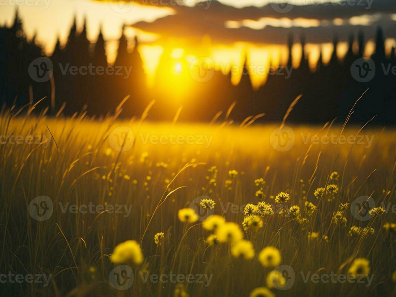 ai gegenereerd abstract zacht focus zonsondergang veld- landschap van geel bloemen en gras weide warm gouden uur zonsondergang zonsopkomst tijd. rustig voorjaar zomer natuur detailopname en wazig Woud achtergrond. foto