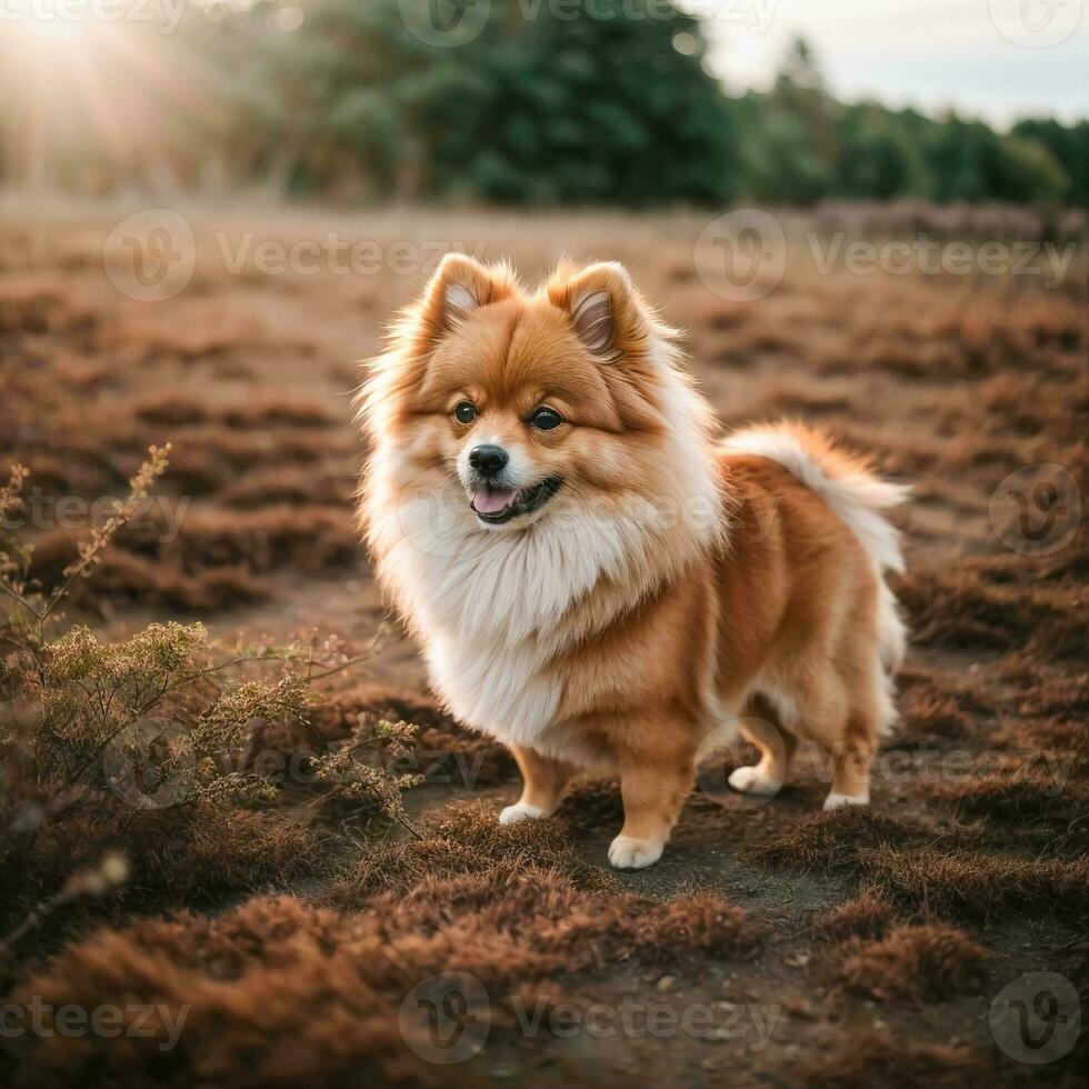 ai gegenereerd pommeren spits hond schattig lief houding glimlachen pluizig Pommeren spits met afgeronde gezicht, heel gelukkig ai generatief foto