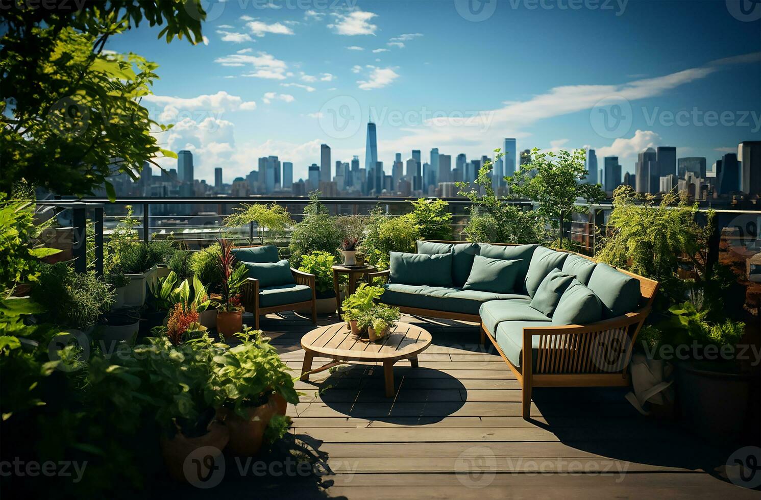 ai gegenereerd weelderig op het dak tuin, rustig ruimte voor stedelijk bewoners foto