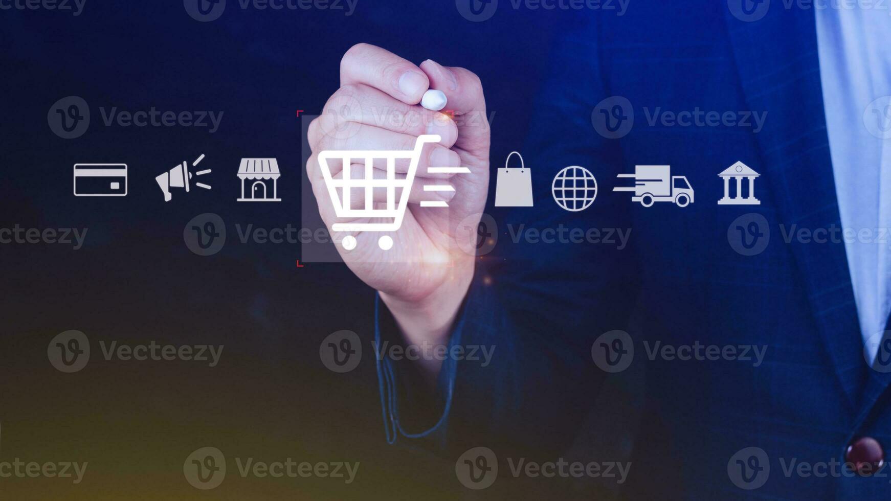 boodschappen doen online. hand- aanraken online boodschappen doen met virtueel grafisch icoon diagram, betaling online, digitaal marketing, bedrijf financiën, internet netwerk technologie concept. foto