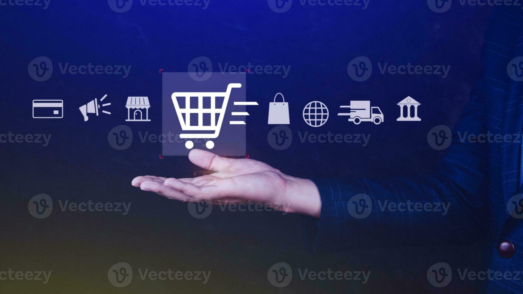 boodschappen doen online. hand- aanraken online boodschappen doen met virtueel grafisch icoon diagram, betaling online, digitaal marketing, bedrijf financiën, internet netwerk technologie concept. foto