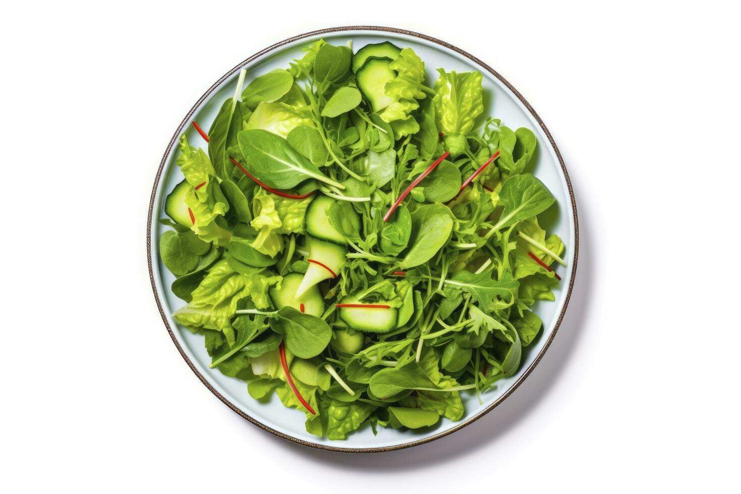 ai gegenereerd gezond vers groen salade bord schot van bovenstaand Aan wit achtergrond. ai gegenereerd foto