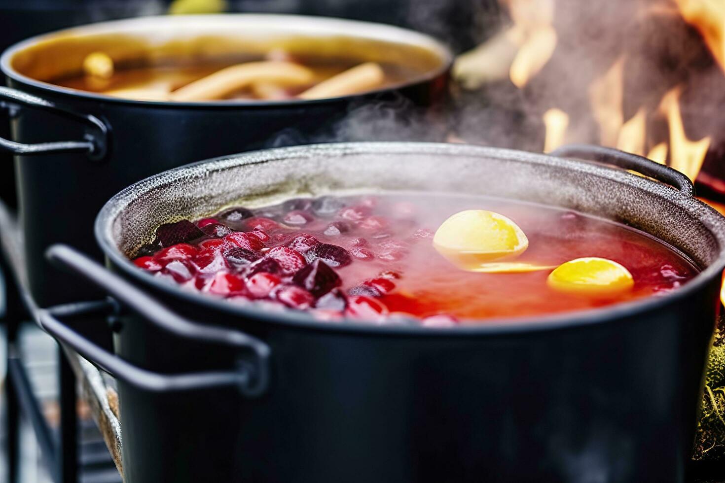 ai gegenereerd dranken fruit en bessen heet overwogen wijn in potten met stoom- in straat voedsel markt. generatief ai foto