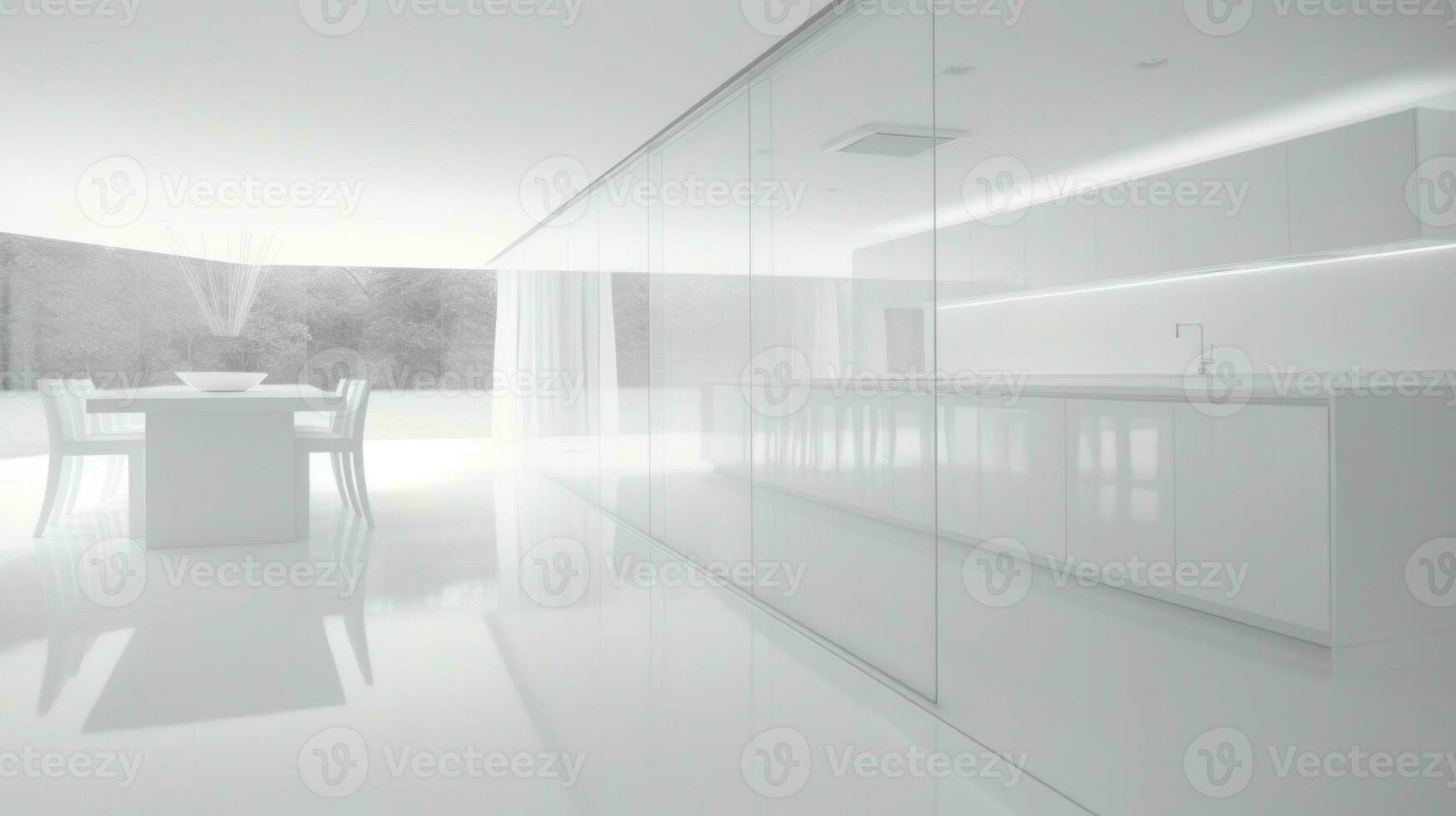 ai gegenereerd een wit keuken met een tafel en stoelen, ai foto