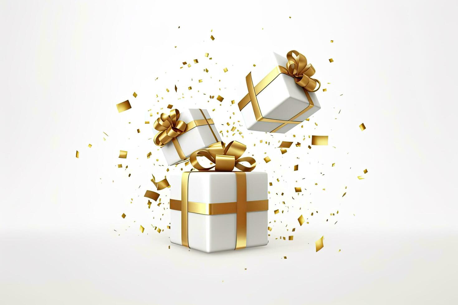 ai gegenereerd vrolijk nieuw jaar en vrolijk Kerstmis 2024 wit geschenk dozen met gouden bogen en goud pailletten confetti Aan wit achtergrond. ai gegenereerd foto