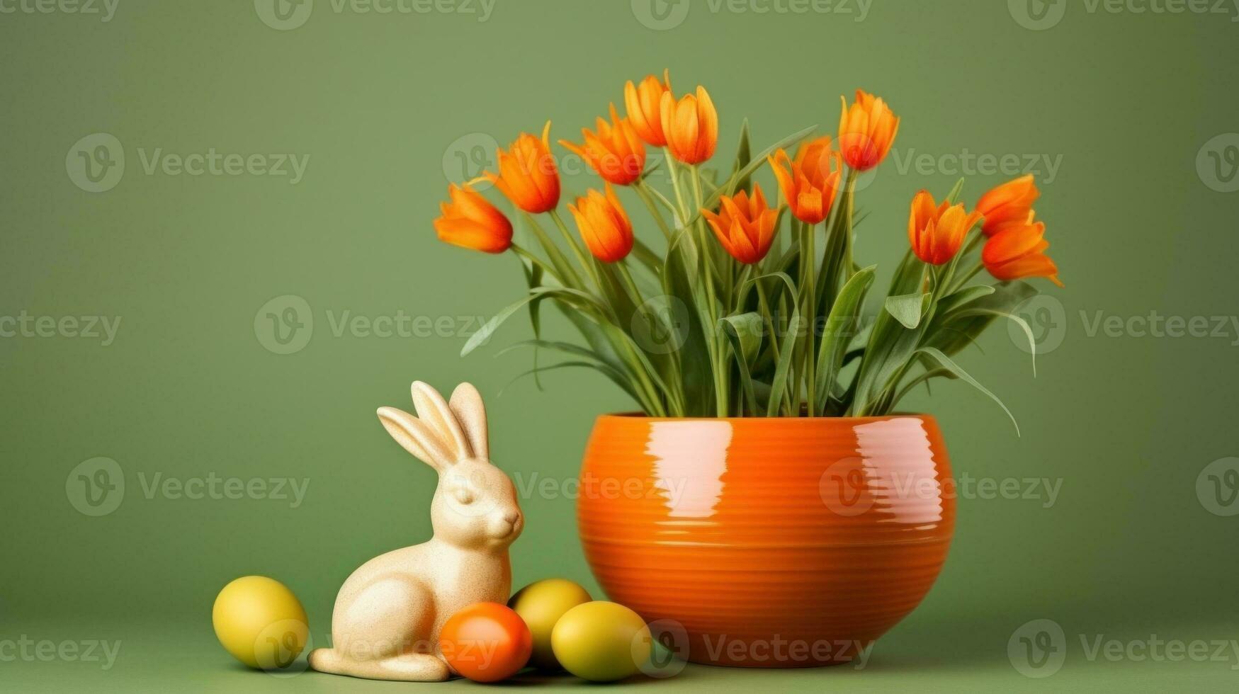 ai gegenereerd een vaas met oranje bloemen en een konijn beeldje De volgende naar het, ai foto