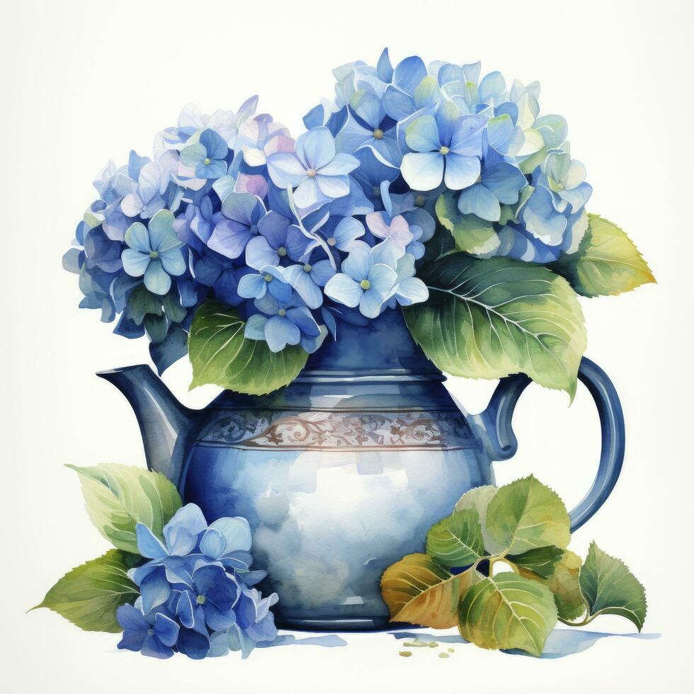 ai gegenereerd waterverf hortensia's in theepot geïsoleerd Aan wit achtergrond. ai gegenereerd foto