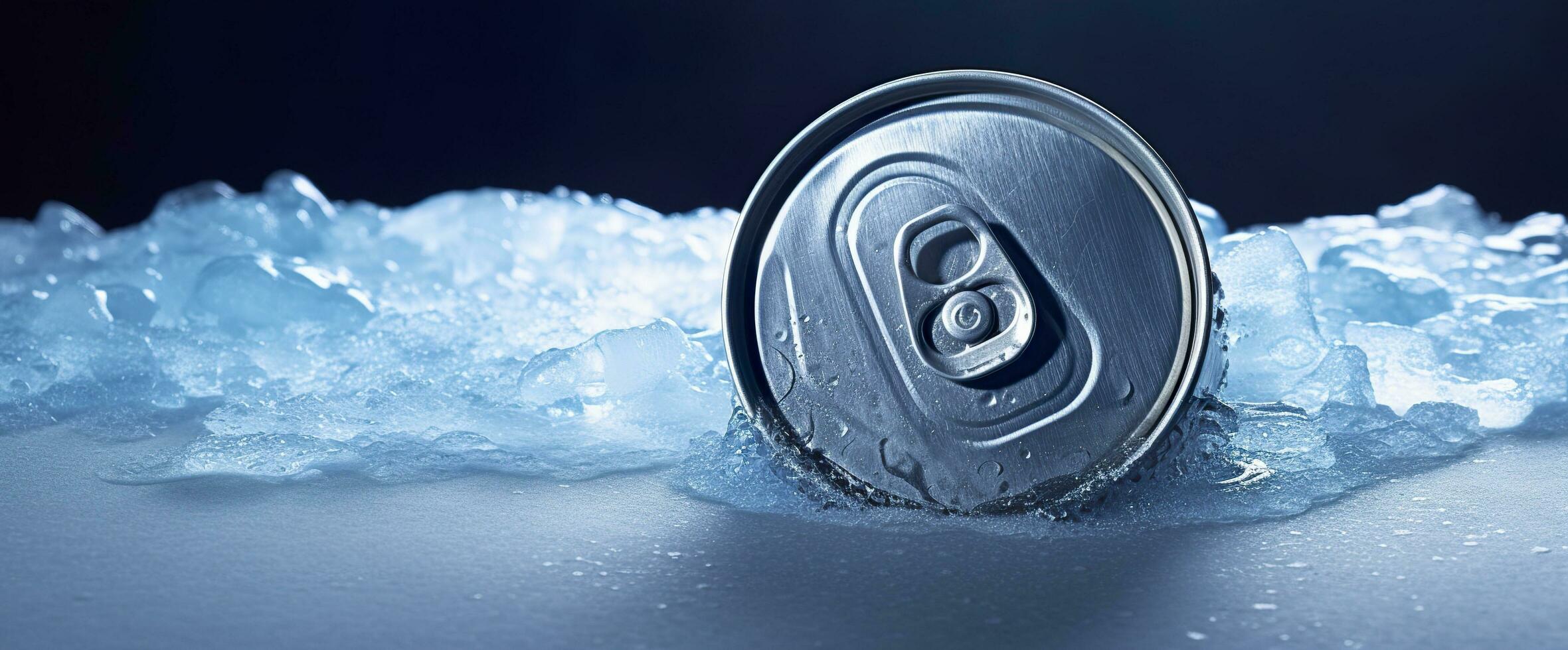 ai gegenereerd top van drinken blik kan bevroren ondergedompeld in vorst ijs, metaal aluminium drank. generatief ai foto