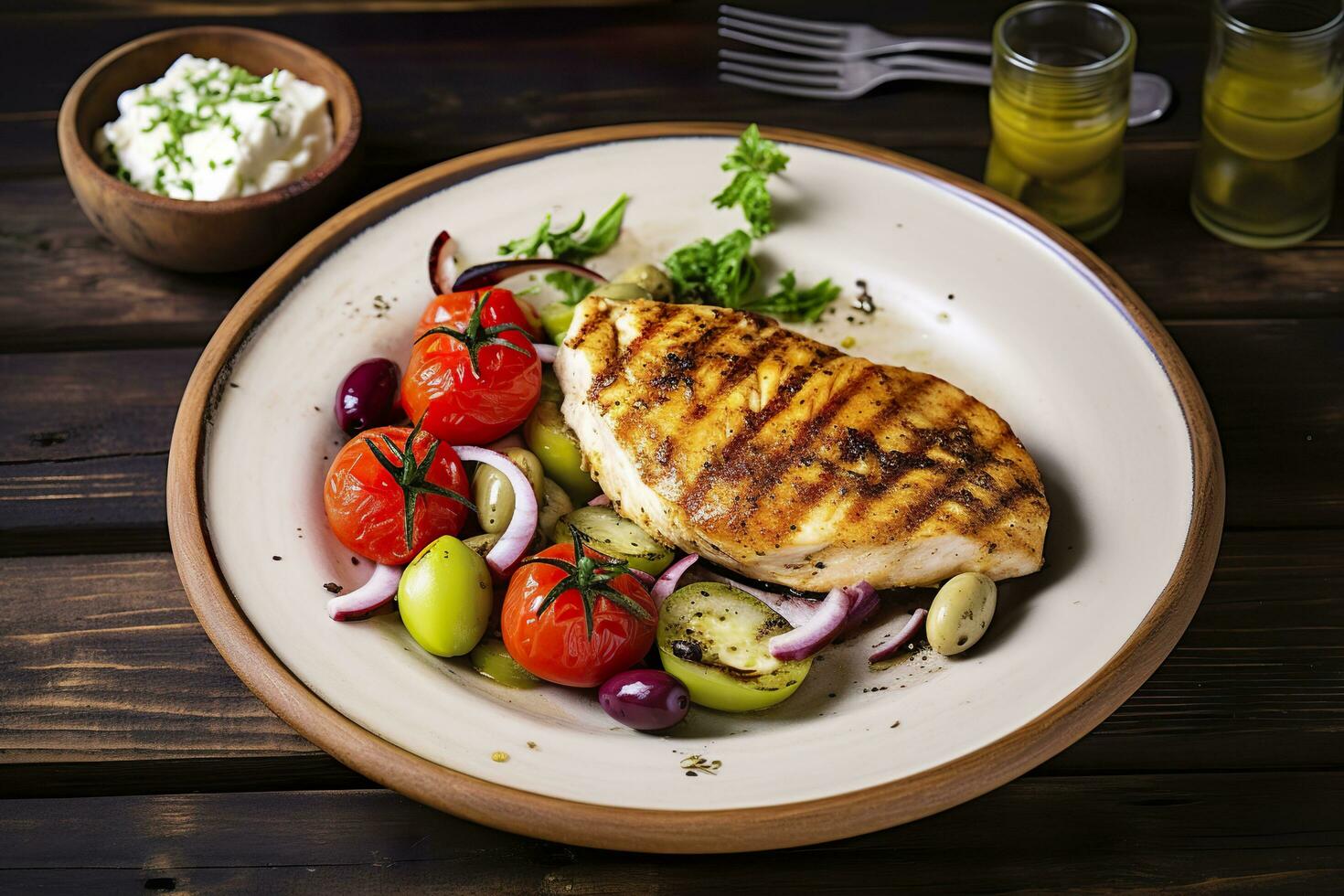 ai gegenereerd aangebraden kip borst en Grieks salade Aan een houten tafel. generatief ai foto