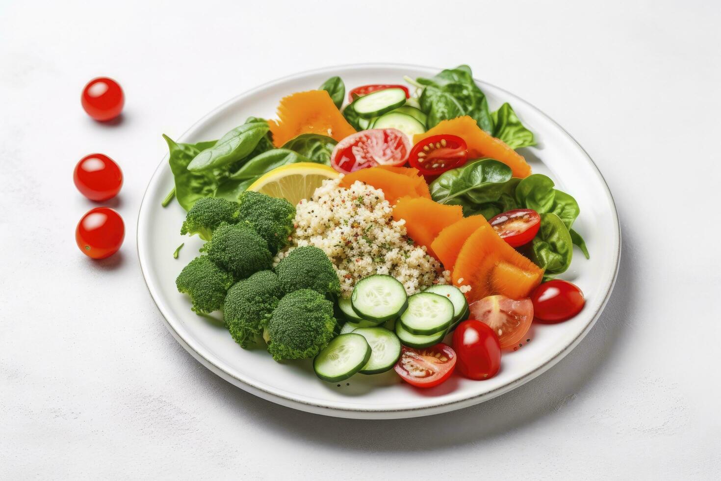 ai gegenereerd salade met quinoa, spinazie, broccoli, tomaten, komkommers en wortels. ai gegenereerd foto