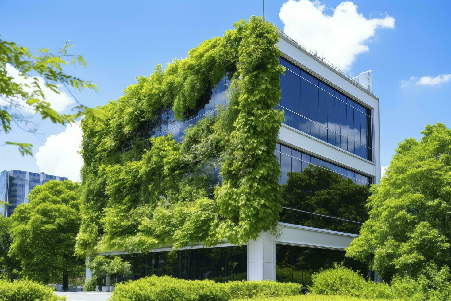 ai gegenereerd kantoor gebouw met groen omgeving. ai gegenereerd foto