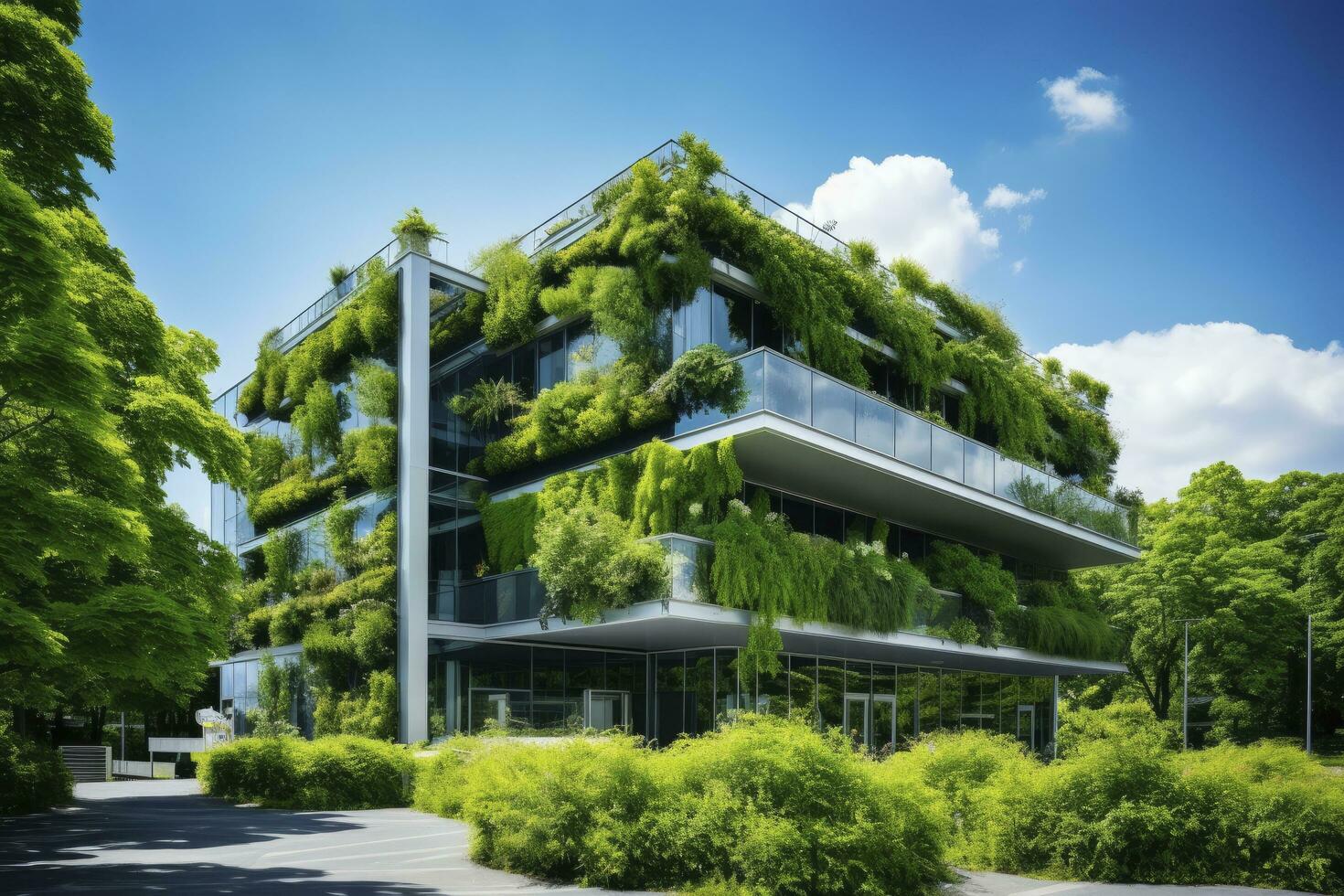 ai gegenereerd kantoor gebouw met groen omgeving. ai gegenereerd foto