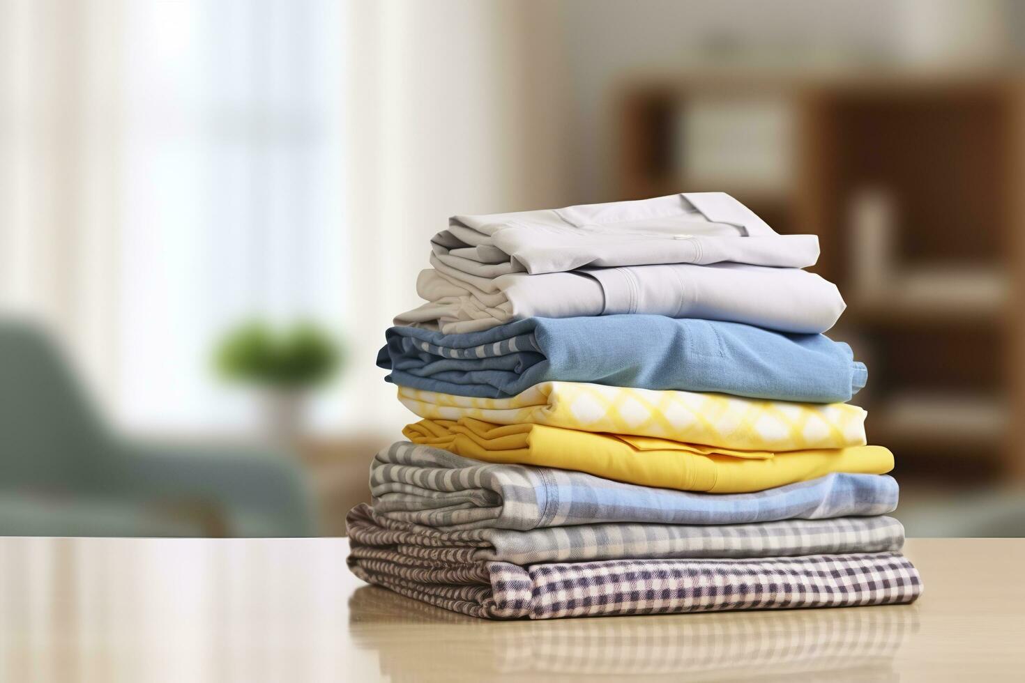 ai gegenereerd stack van schoon kleren Aan tafel in kamer. generatief ai foto