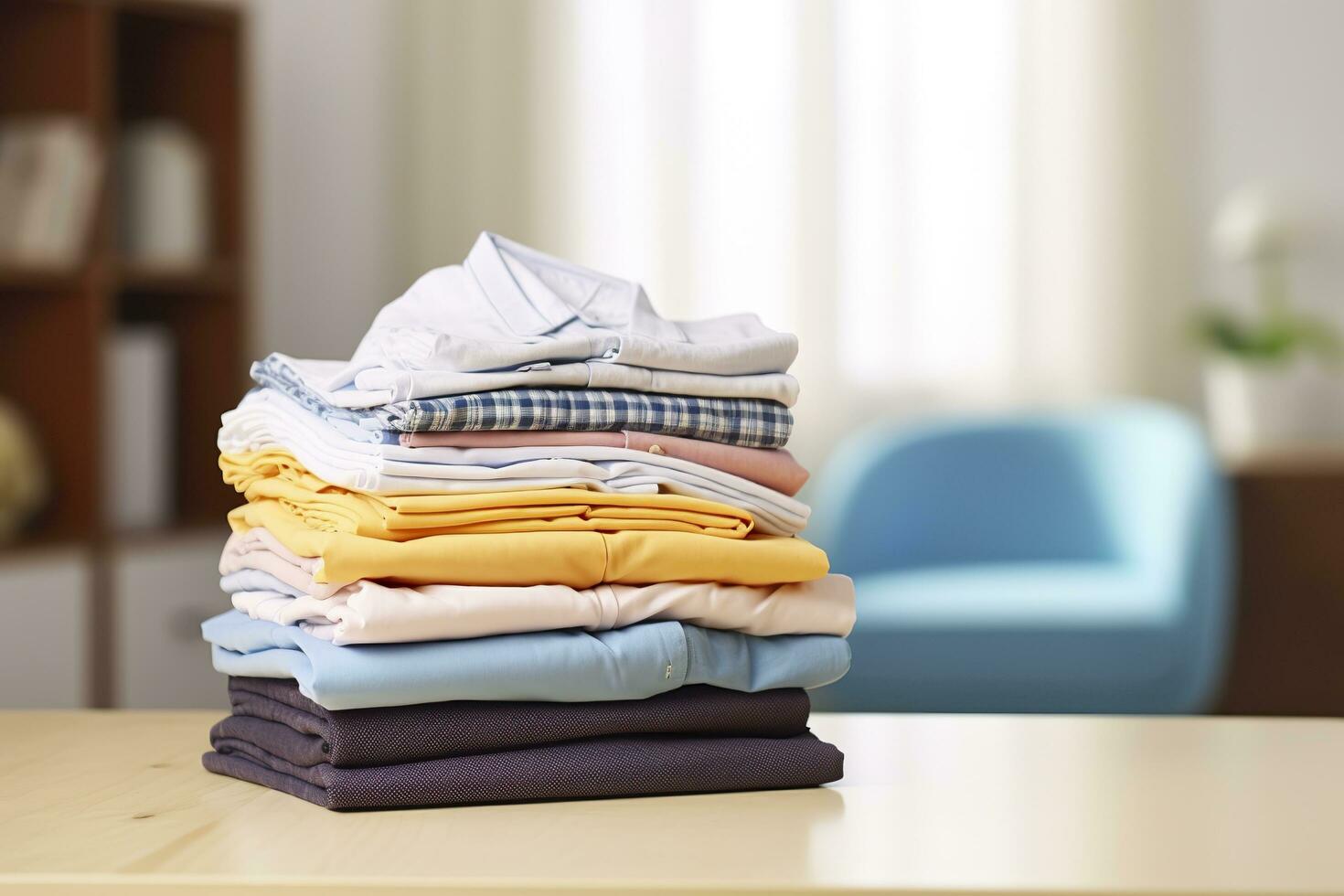 ai gegenereerd stack van schoon kleren Aan tafel in kamer. generatief ai foto