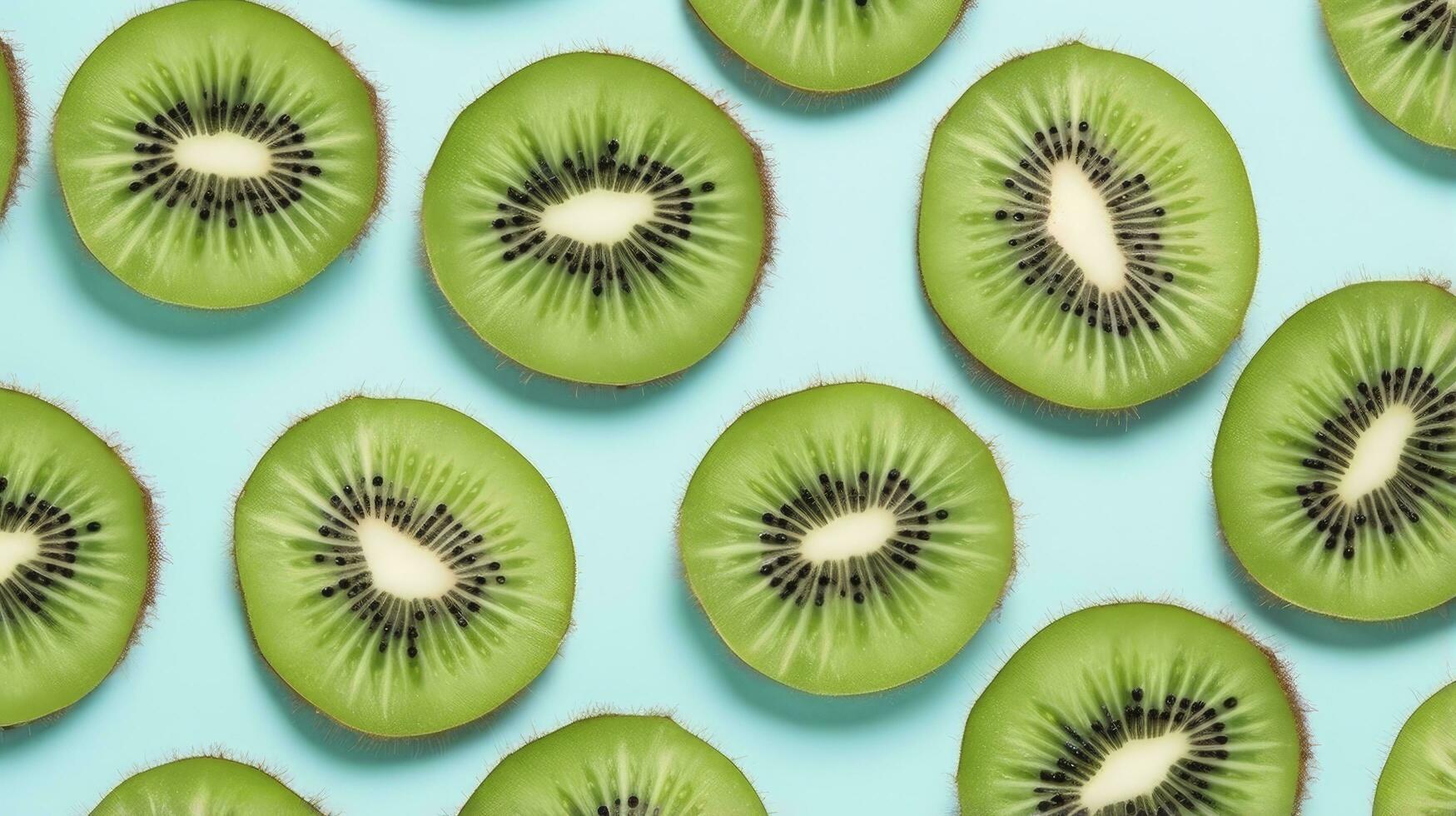 ai gegenereerd plakjes van kiwi fruit en groen munt bladeren Aan een licht pastel blauw achtergrond. ai gegenereerd foto