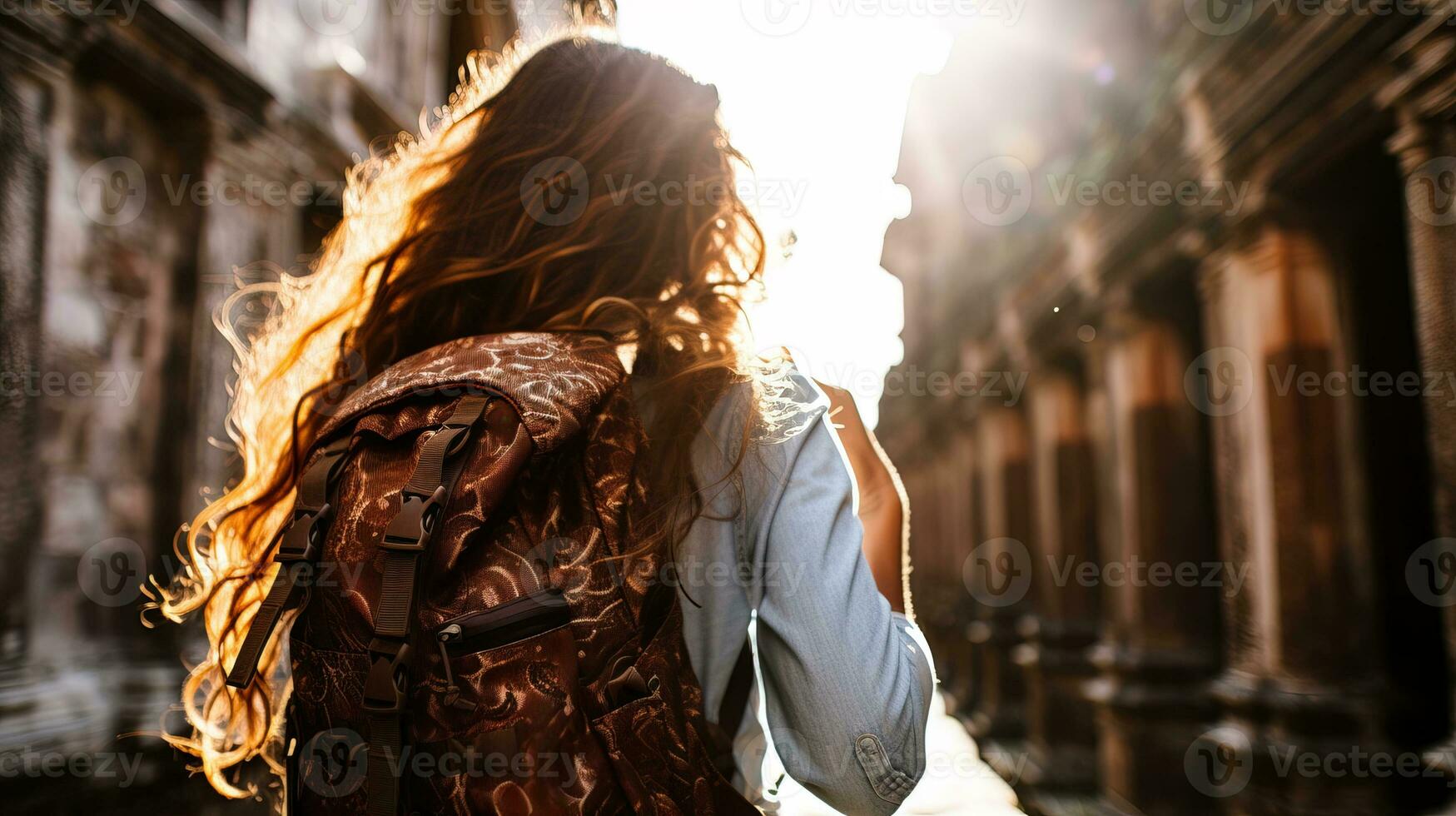 ai gegenereerd toerist vrouw wandelen in de omgeving van de historisch straten van een oud wijk. generatief ai foto