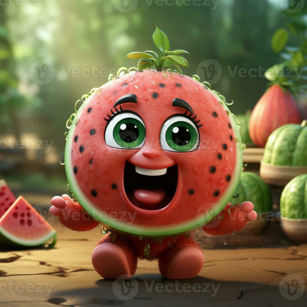 ai gegenereerd 3d realistisch tekenfilm schattig watermeloen fruit foto