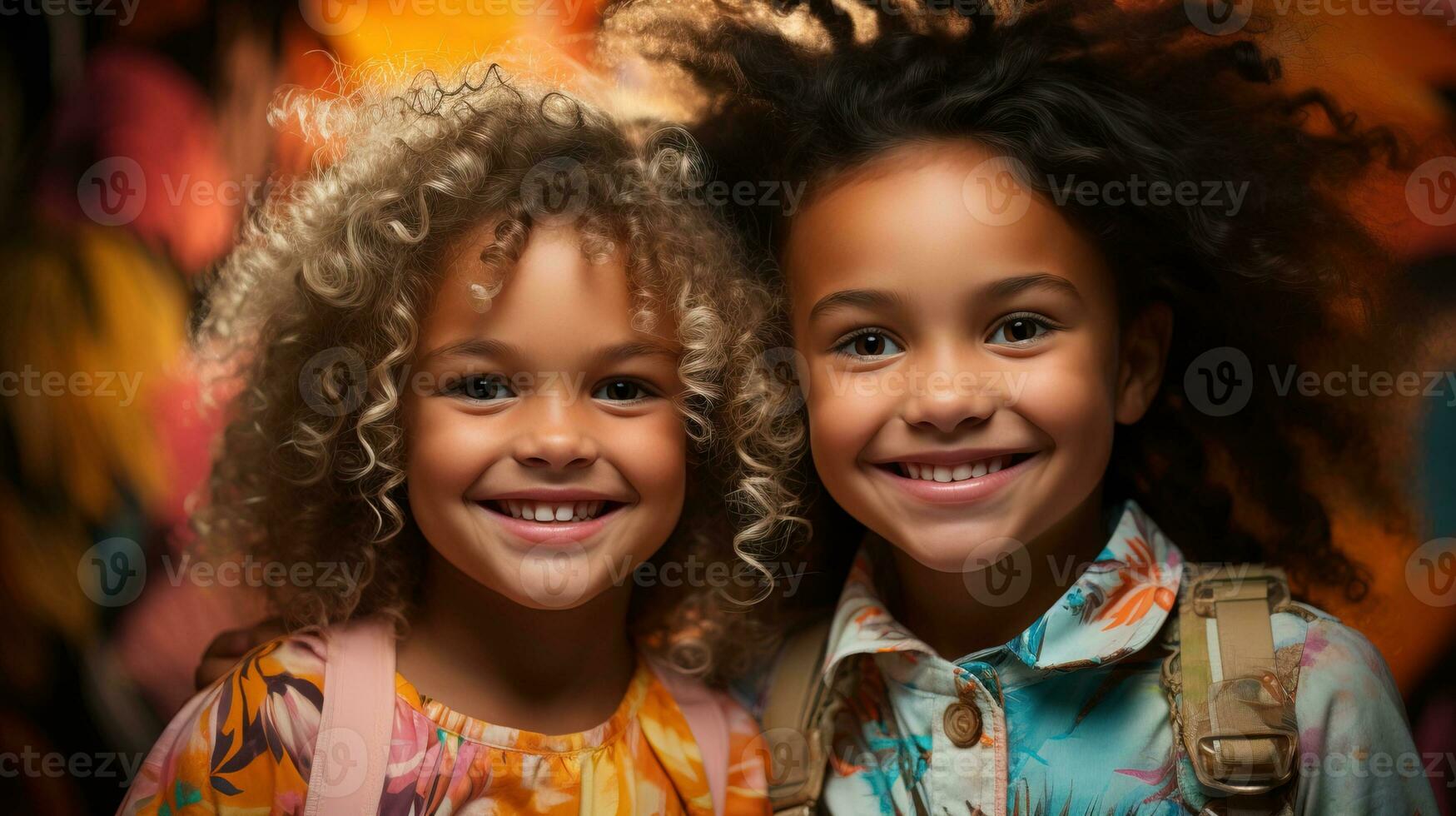 ai gegenereerd studio portret van twee vrolijk jong meisjes. generatief ai foto