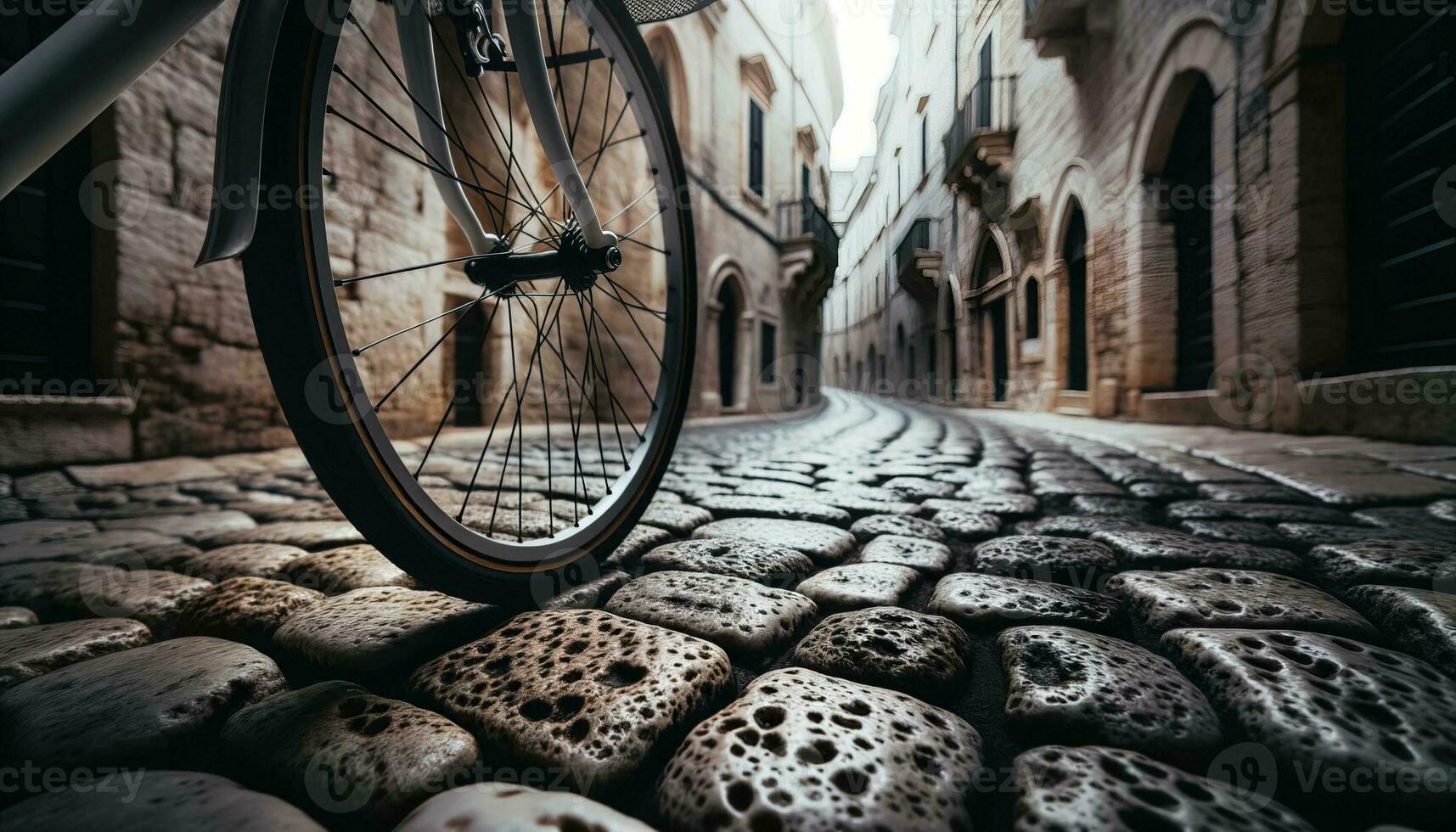 ai gegenereerd detailopname schot van een fietser navigeren de kronkelend, versmallen straten van een oud Europese dorp. generatief ai foto