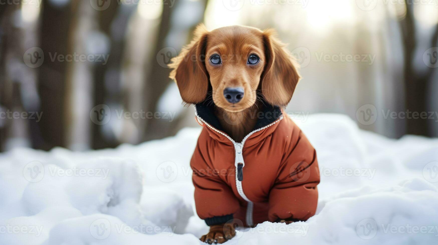 ai gegenereerd teckel in jasje wandelen in winter Woud foto