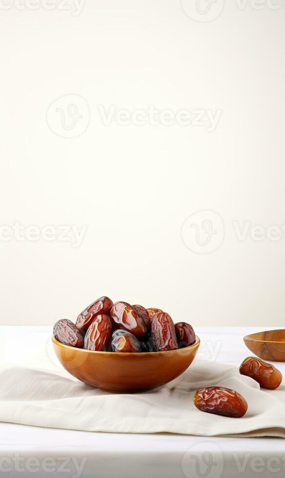 ai gegenereerd kom datums Aan houten, wit achtergrond, Ramadan foto