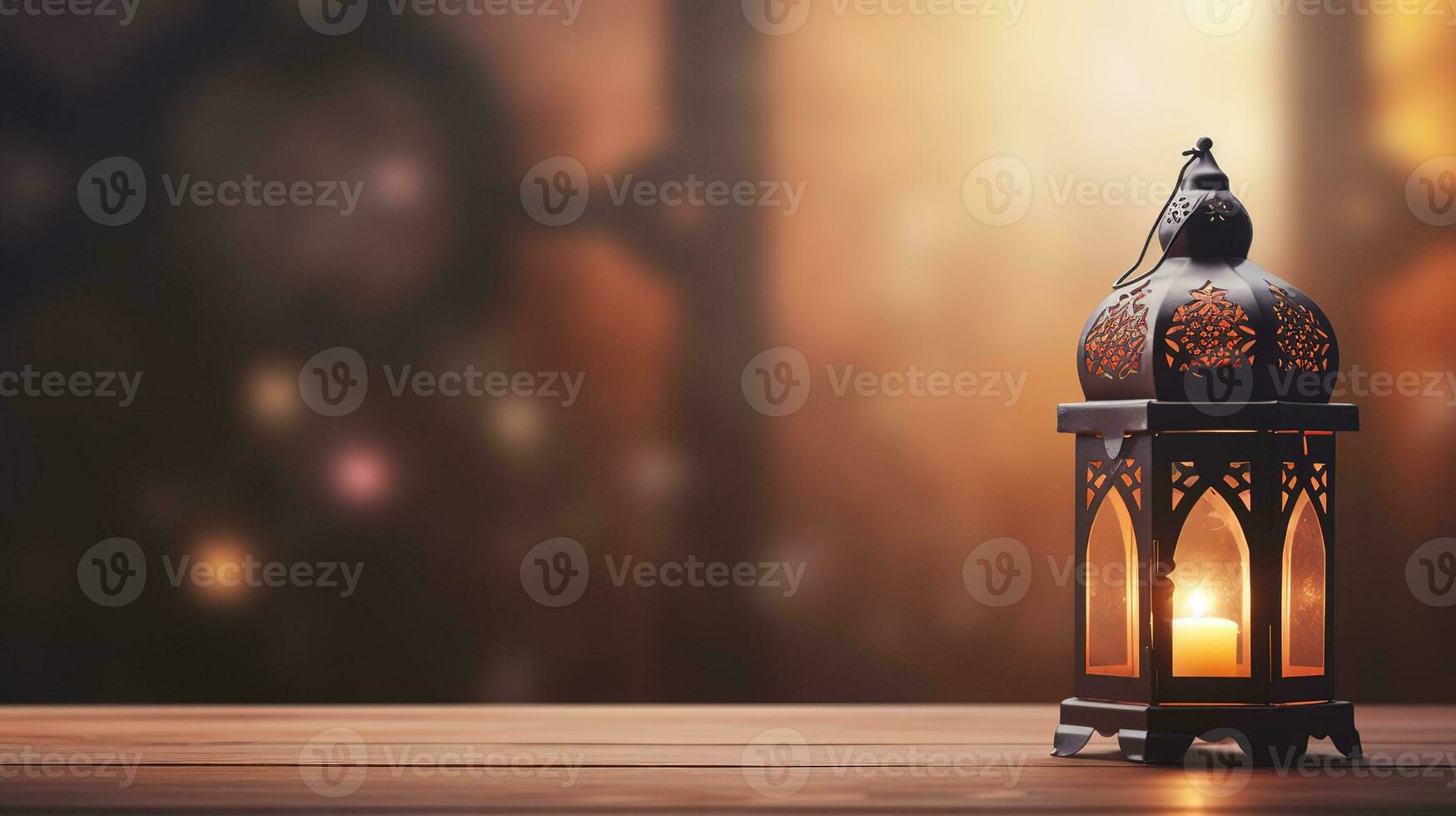 ai gegenereerd mooi brandend Arabisch lantaarn Aan houten tafel, Ramadan achtergrond met kopiëren ruimte voor tekst foto