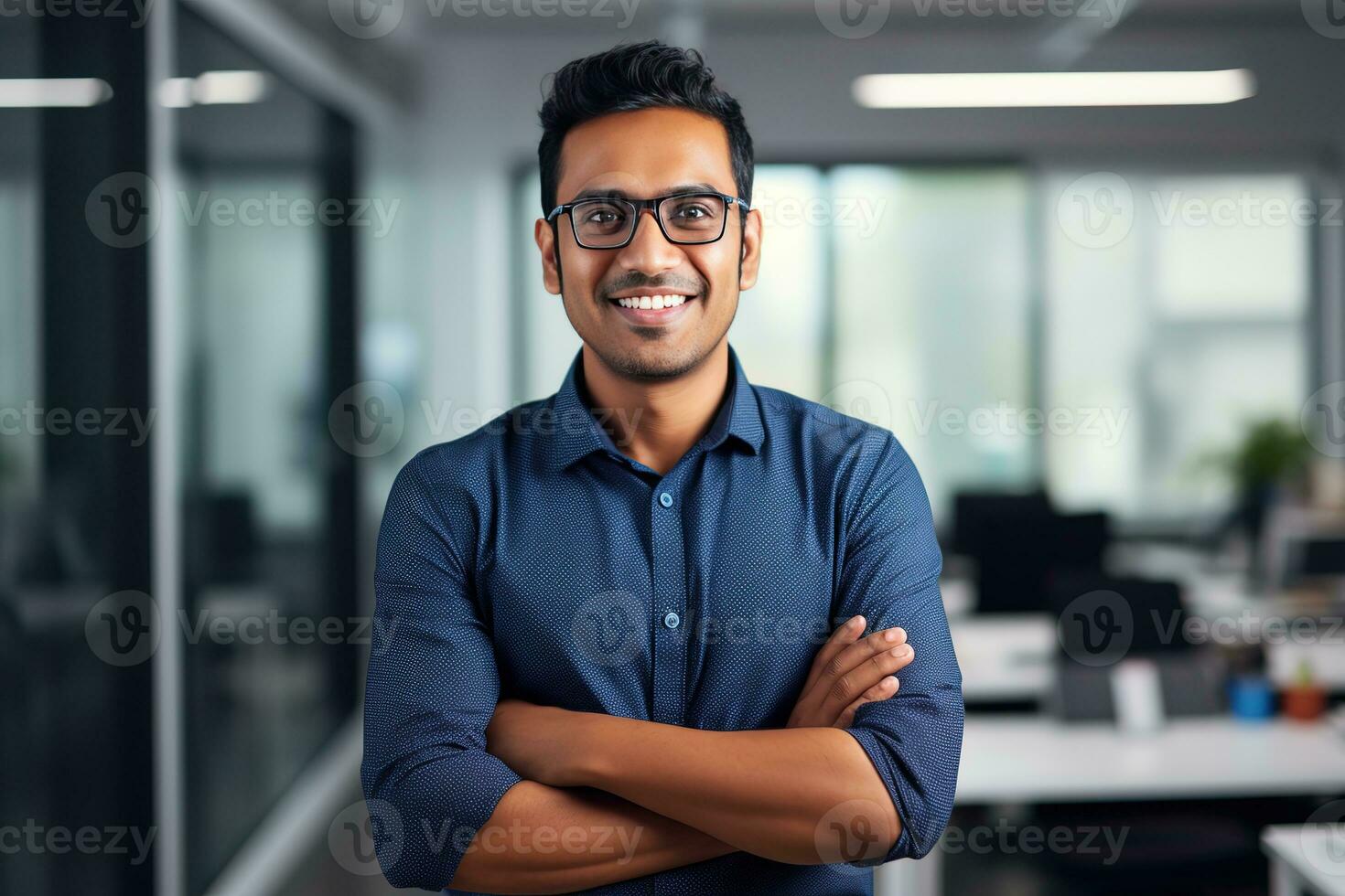 ai gegenereerd een jong Indisch mannetje ontwerper, ingenieur, architect wie is vervelend bril en een blauw overhemd glimlachen staand in de kantoor en op zoek Bij de camera foto