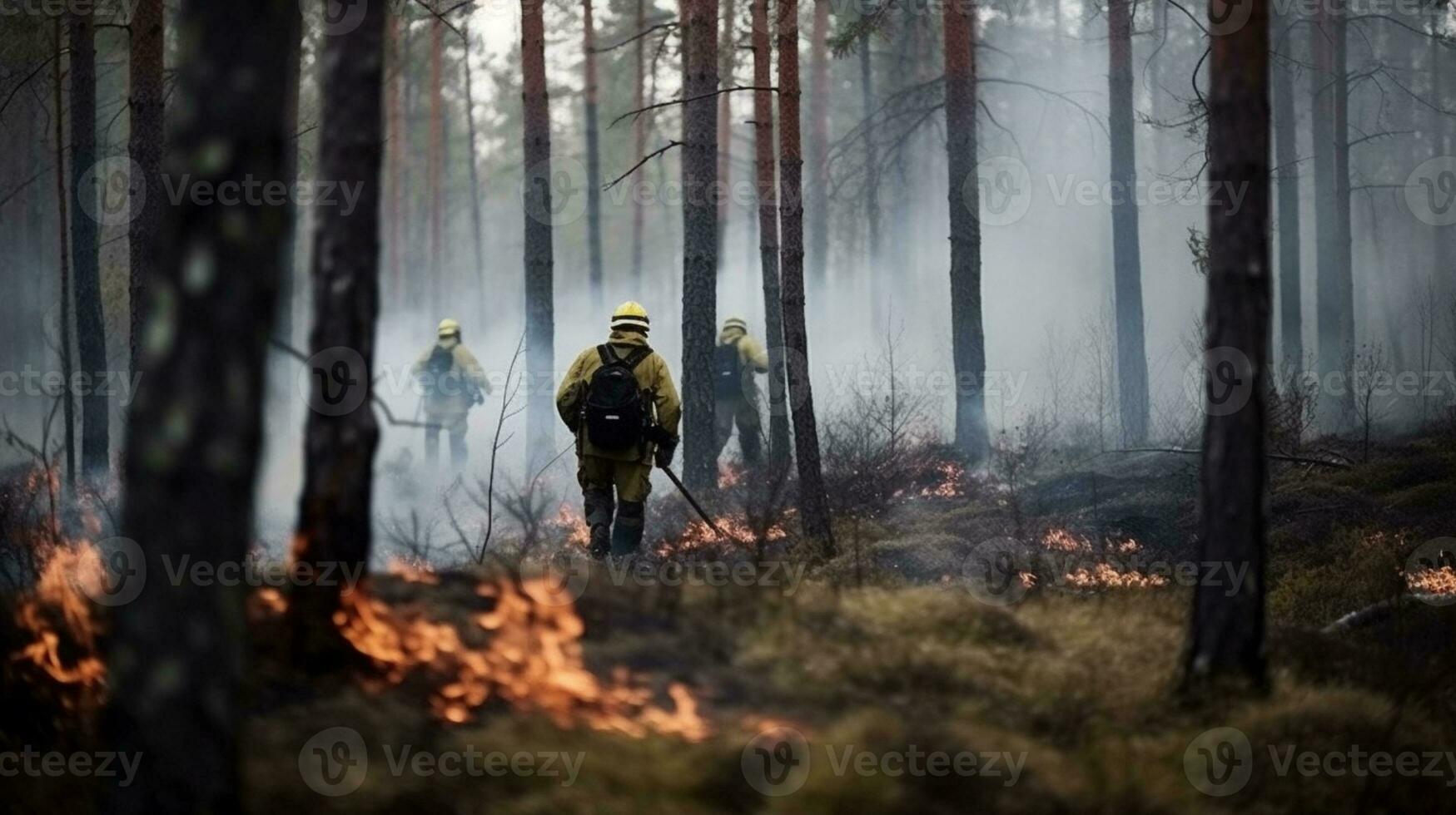 ai gegenereerd brandweer vechten een Woud brand foto