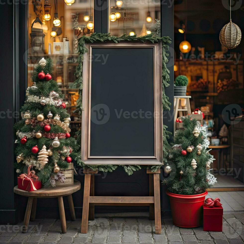 ai gegenereerd schoolbord teken mockup stijl in voorkant van de op te slaan in Kerstmis atmosfeer foto