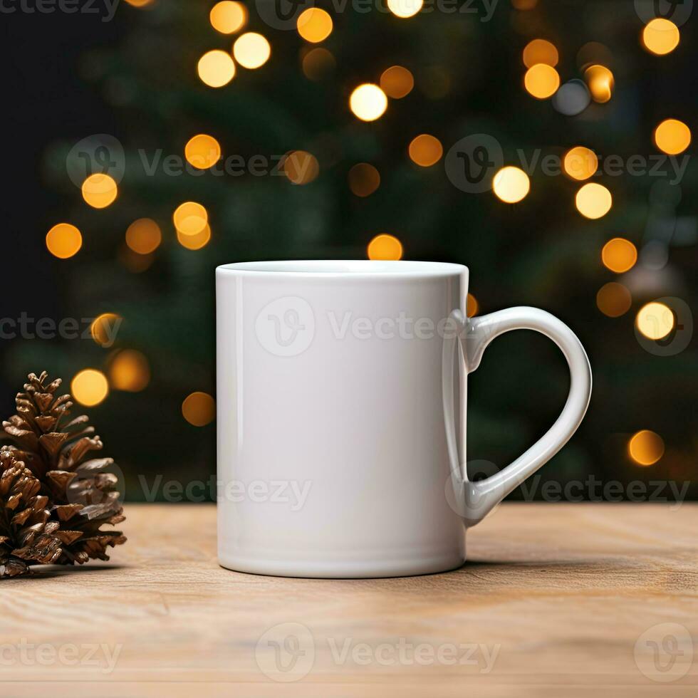 ai gegenereerd wit mok mockup stijl met Kerstmis decoratie Aan bokeh achtergrond foto