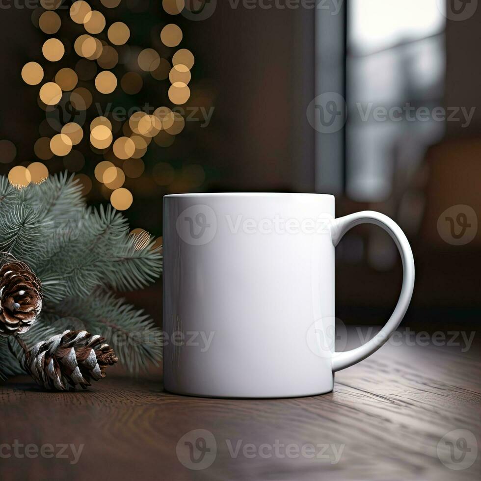 ai gegenereerd wit mok mockup stijl met Kerstmis decoratie Aan bokeh achtergrond foto