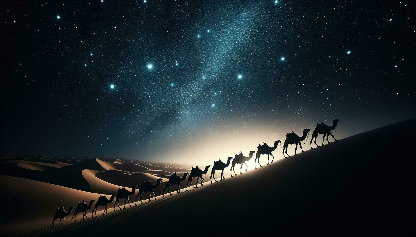 ai gegenereerd een kameel caravan aftekenen tegen een sterrenhemel woestijn lucht. generatief ai foto
