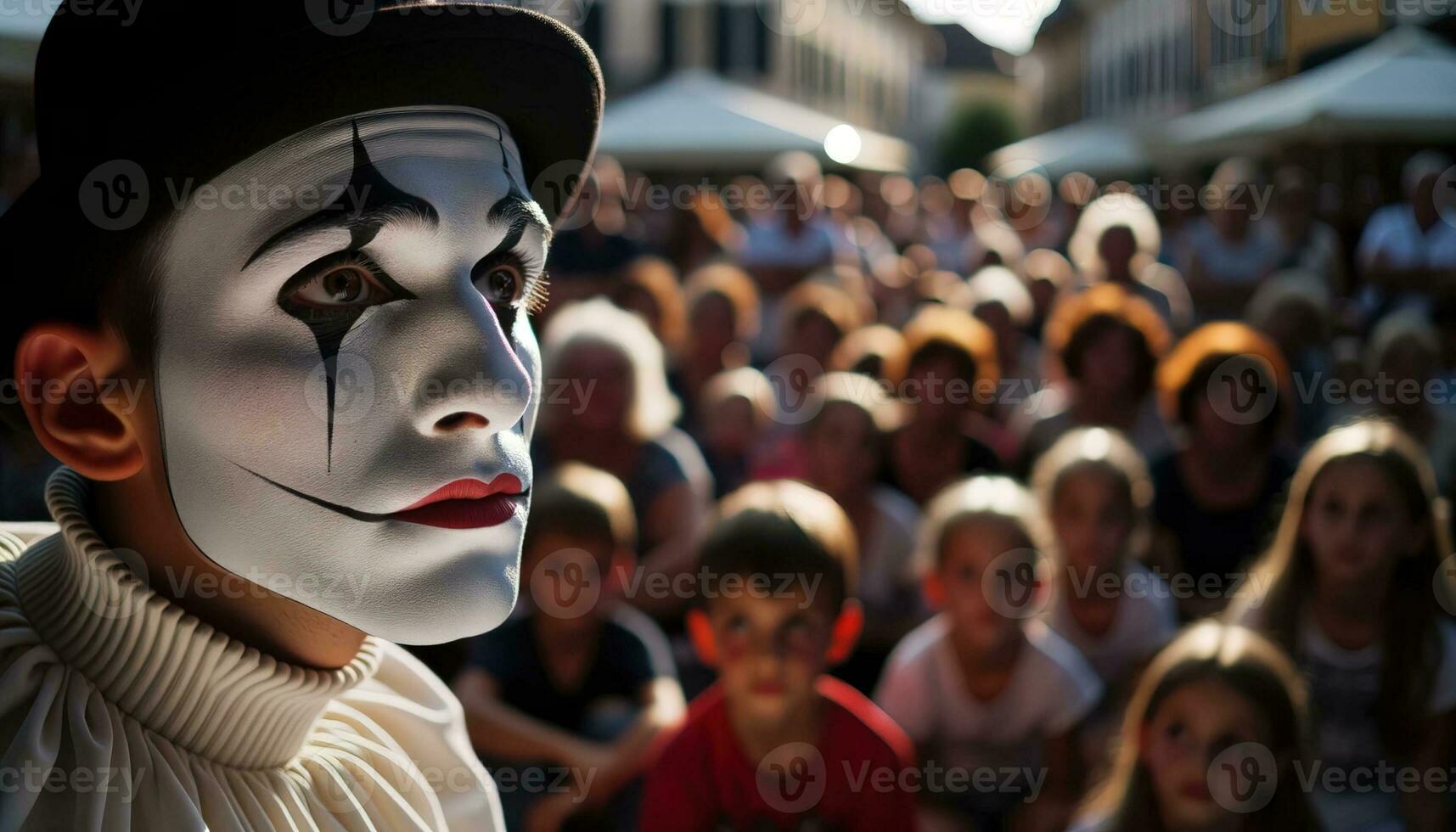 ai gegenereerd een pantomime in de midden- van een fascinerend prestatie in een druk stad- vierkant. generatief ai foto