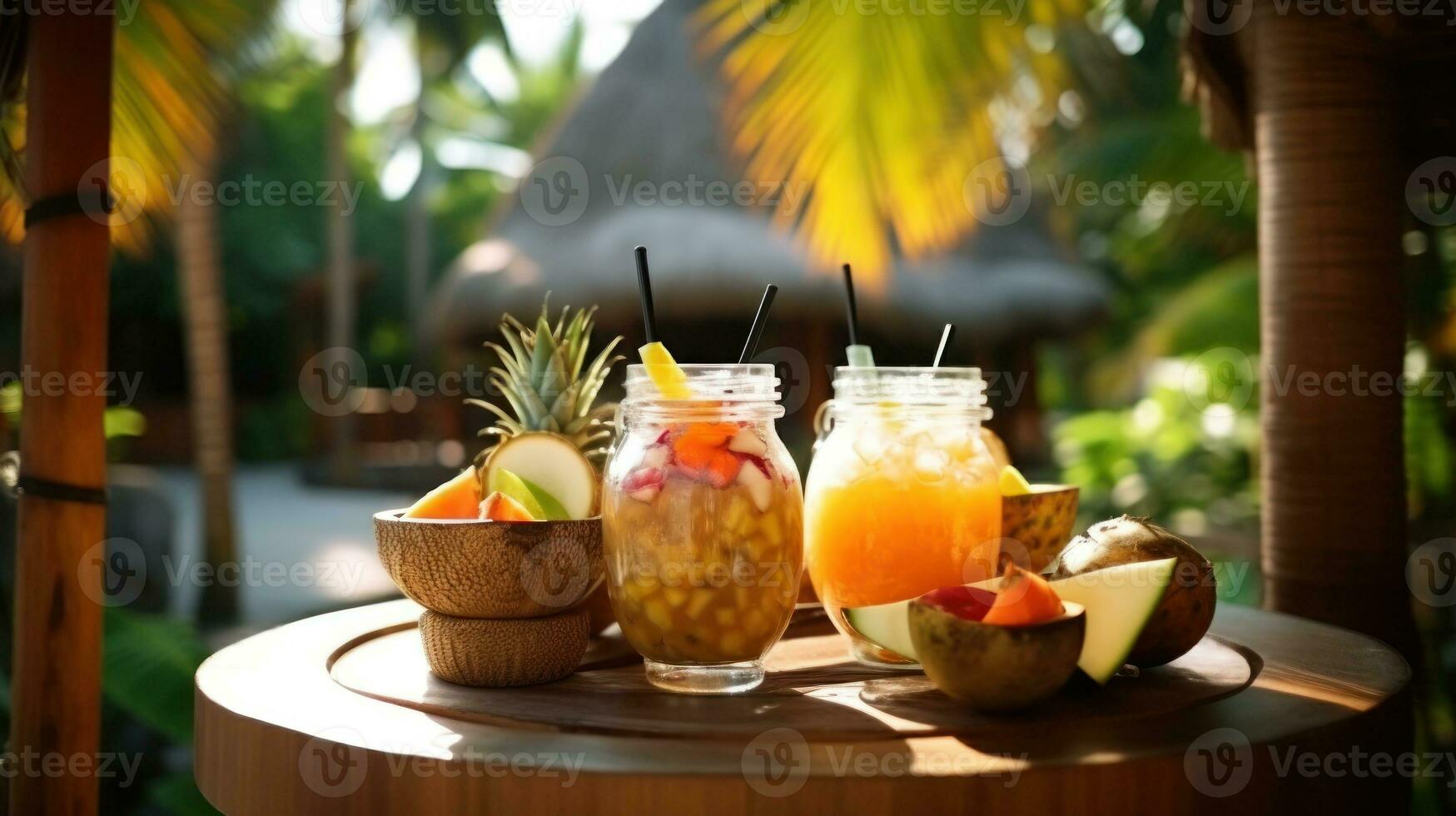 ai gegenereerd verfrissend tropisch drankjes en fruit Aan een houten tafel, perfect voor een zomer dag. generatief ai foto